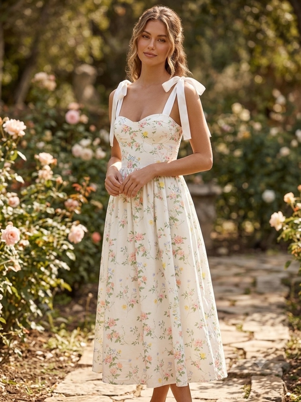 SHEIN Cream Floral Tie-Shoulder Midi Dress-NWT
